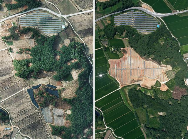 태양광 발전소는 산과 들을 가리지 않고 들어섰다. 2015년 숲과 농지였던 전북 남원시 보절면의 경관(왼쪽)이 지난 10일 제법 규모가 큰 태양광 발전소가 들어서면서 확연히 달라져 있다. 카카오맵ㆍ드론 촬영