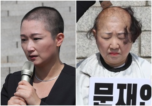 삭발한 두 여성 의원. 무소속 이언주 의원(왼쪽)과 자유한국당 박인숙 의원. 연합뉴스