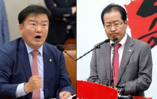 민경욱 자유한국당 의원(왼쪽)과 홍준표 전 대표. 뉴시스