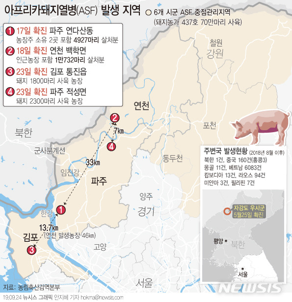 【서울=뉴시스】농림축산식품부는 23일 경기 파주시 적성면 소재 돼지 농장 1곳에서 접수된 아프리카돼지열병 의심 신고에 대해 정밀 검사를 진행한 결과 24일 오전 4시께 확진 판정이 났다고 밝혔다. (그래픽=안지혜 기자) hokma@newsis.com