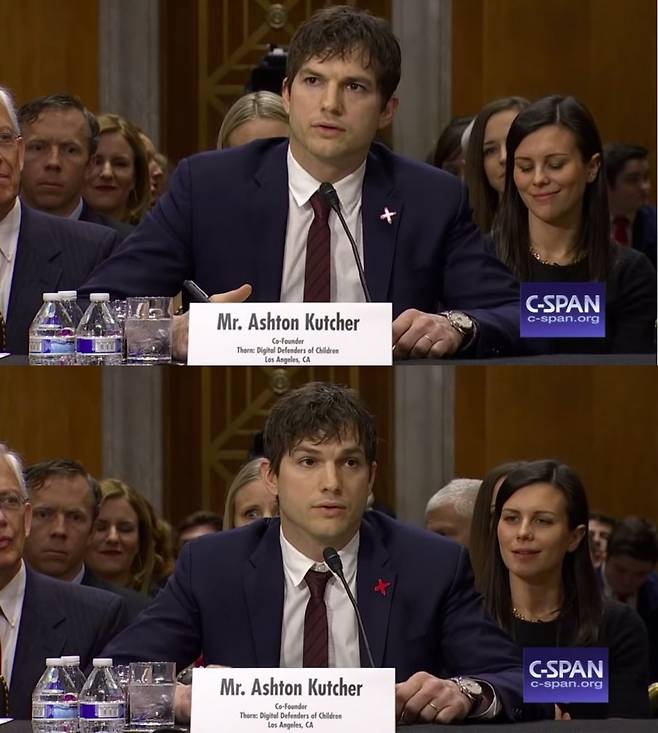 ▲ 의회에 참석에 아동성매매에 경각심을 가져야한다고 주장하는 애쉬튼 커쳐. 유튜브 영상화면 캡처