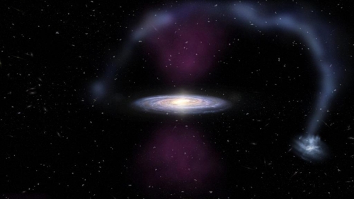 우리은하 중심에서 350만년 전 발생한 폭발 상상도 은하 중심에서 남북으로 원뿔형으로 뻗어나간 이온화된 방사선(중앙 주황색 부분)이 대·소마젤란은하를 잇는 가스띠인 마젤란 계류에도 영향을 미치고 있다. [ASTRO 3D 제임스 조세피데스 제공]