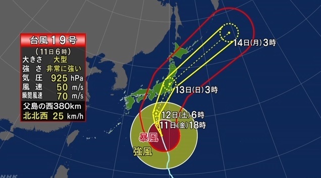 【서울=뉴시스】태풍 19호 하기비스가 오는 12~13일 일본 열도를 지날 전망이다. 사진은 NHK 갈무리. 2019.10.11