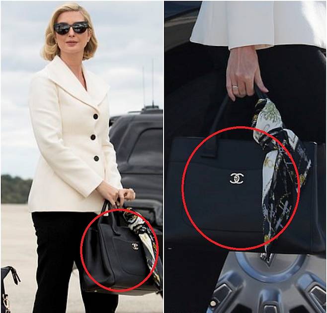 루이비통이 미국 텍사스에 문을 연 생산 공장 오픈식에 참석하기 위해 공항에 내린 이방카. 손에 경쟁사인 샤넬의 핸드백이 들려 있다(사진=AP·연합뉴스)