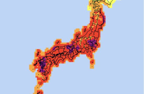 일본의 폭염지도다. 지난 8월9일 측정된 것인데 도쿄 부근 보라색은 섭씨 35도 이상을 가리킨다. 트위터 캡처