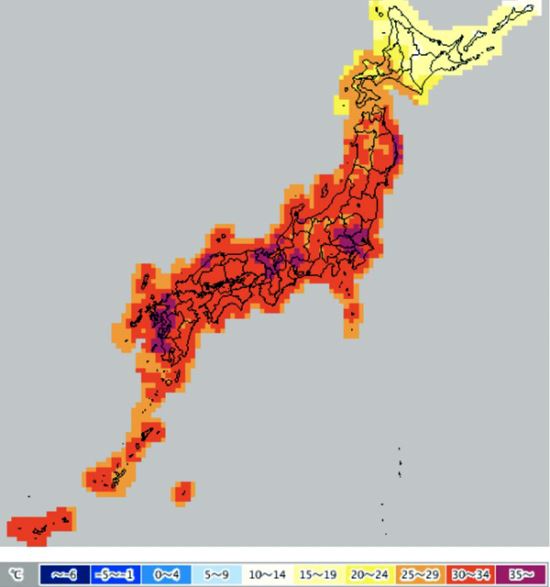 일본의 폭염지도다. 지난 8월9일 측정된 것인데 도쿄 부근 보라색은 섭씨 35도 이상을 가리킨다. 트위터 캡처