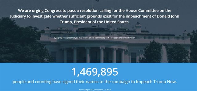 14일(현지시간) 기준 147만명에 육박하는 서명자 수를 기록하고 있는 '트럼프 탄핵' 관련 웹사이트. 트럼프탄핵(impeachdonaldtrumpnow.org) 사이트 캡처