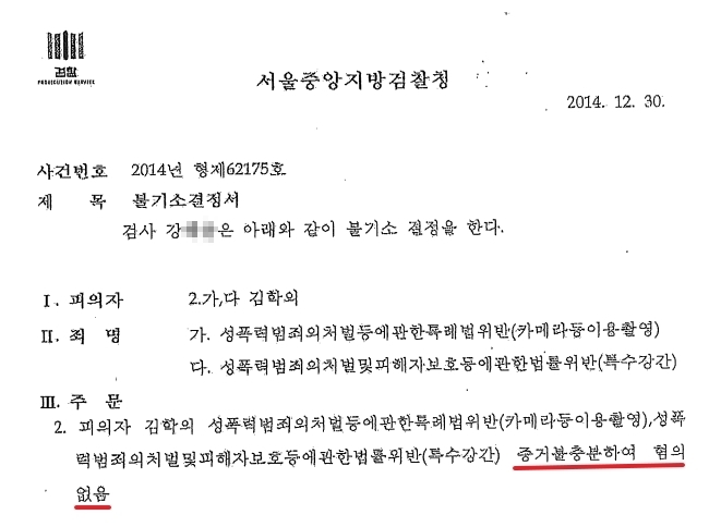 2013년, 2014년 검찰의 1차, 2차 불기소 결정서. 김학의 전 차관은 '증거 불충분하여 혐의없음'