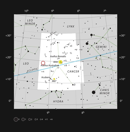게자리에 위치한 WD J0914+1914 (붉은 원안) [ESO, IAU/Sky & Telescope 제공]