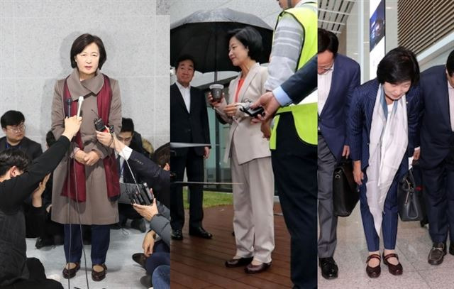 추미애 법무부 장관 후보자는 운동화 또는 편안한 단화를 주로 신는다. (왼쪽부터) 지난 5일, 지난해 5월, 지난해 9월 추 후보자가 같은 신발을 신고 있다. 연합뉴스, 한국일보 자료사진