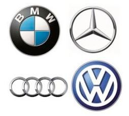 (시계방향으로) BMW, 메르세데스-벤츠, 폴크스바겐, 아우디 로고