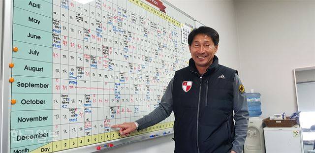 부산아이파크를 K리그1으로 승격시킨 조덕제 감독이 10일 부산 강서체육공원 내 클럽하우스 감독실에서 승격을 확정한 '12월 8일'을 가리키고 있다. 부산=김형준 기자