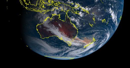 일본 기상청의 히마와리8 위성이 호주 산불을 우주에서 촬영한 사진을 공개했다. 호주 산불로 인해 발생한 노란 연기구름이 호주에서 다소 떨어져 있는 뉴질랜드까지 뒤덮고 있는 모습을 보여 준다. 히마와리 위성 갈무리