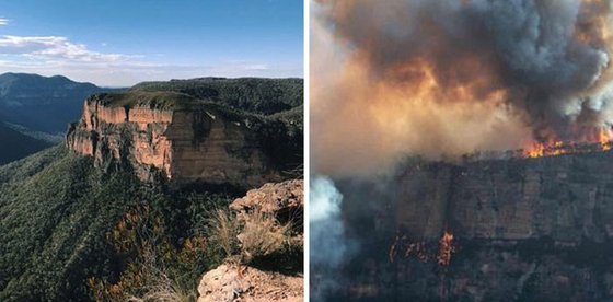호주 시드니의 명소 블루마운틴 화재 전(왼쪽)과 후의 모습. [사진 트위터]