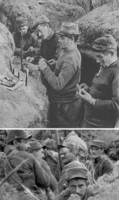 제1차 세계대전 초기 케피를 쓰고 참호에 들어가 있는 프랑스군 병사들의 모습. 1867년형, 1886년형 케피가 섞여 있다. /출처= ⓒlexpress.fr