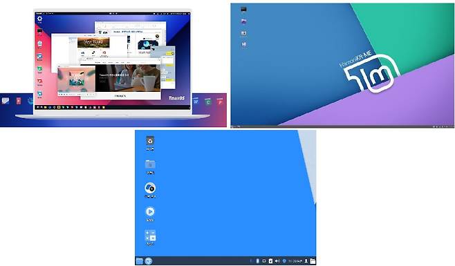 대표적인 국산 개방형 OS 3종의 구동 화면 모습. (좌측 상단부터 시계방향으로) 티맥스OS, 하모니카OS, 구름OS. [각 사 홈페이지]
