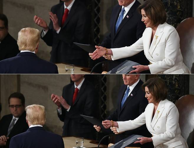 낸시 의장의 악수 요청을 못본척 하는 트럼프 대통령의 연속 사진. 낸시 의장이 멋적은 듯 손을 거두고 있다. [AFP=연합뉴스]