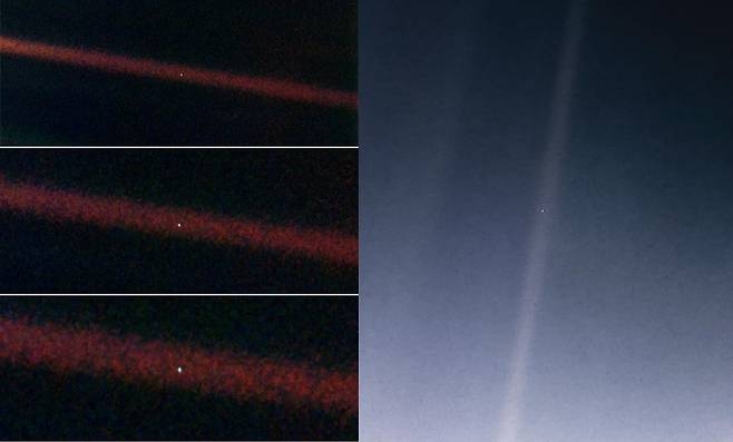 30년 전 보이저 1호가 촬영한 지구(사진 왼쪽)와 최근 리마스터된 사진. 사진 속 작은 점이 지구다.