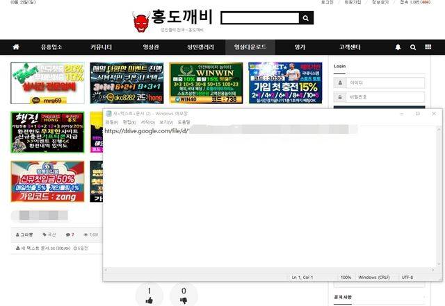 29일 불법 성인사이트 홍도깨비에서 회원들이 구글 드라이브 주소가 적힌 텍스트 파일을 통해 불법 영상물을 공유하고 있다. 인터넷 홈페이지 캡처