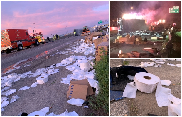 폭스뉴스는 1일 텍사스주 댈러스의 한 고속도로에서 화장지를 실은 트레일러가 도로를 굴러 불길에 휩싸였다고 설명했다.