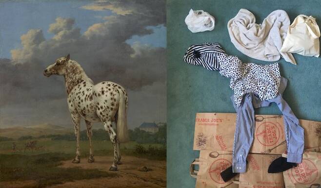 네덜란드의 화가 파울루스 포테르가 그린 ‘얼룩무늬가 있는 말’(The “Piebald” Horse·왼쪽)을 패러디한 작품(오른쪽). 게티 뮤지엄 측이 예시로 올린 작품이다. | 게티 뮤지엄 트위터 캡처