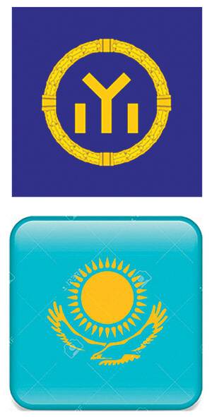 불가리아 제1제국의 깃발(8세기, 위 사진)과 카즈흐스탄의 국기(21세기 초반, 아래). 신용하는 ‘단군신앙’ 상징이 들어 있다고 주장한다.