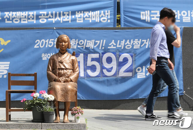 8일 매주 수요일 수요집회가 열리는 서울 종로구 옛 일본대사관 앞 소녀상 뒤로 시민들이 오가고 있다. 2020.5.8/뉴스1 © News1 송원영 기자