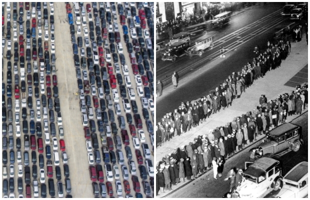 지난달 9일(현지시간) 미국 텍사스주 샌안토니오의 트레이더스빌리지 앞에 푸드뱅크 식료품 박스를 받으려는 주민 차량이 줄지어 있다./사진=AP 연합뉴스(왼쪽) 1929년 미국을 강타한 경제 대공황 당시 미국 뉴욕 타임스퀘어 인근에 식량 배급을 받기 위해 늘어선 사람들./사진=AP 인사이더(오른쪽)