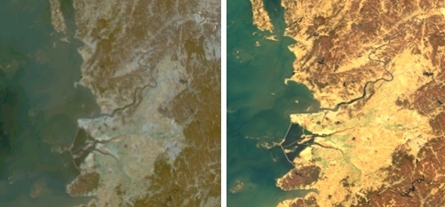 천리안 1호가 촬영한 새만금 부근 모습(왼쪽)과 2B호가 촬영한 모습. [과학기술정보통신부 제공]