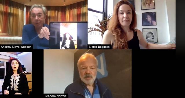 뮤지컬의 거장 앤드루 로이드 웨버가 진행한 ‘싱어롱’ 챌린지 ‘오페라의 유령’ 편에서는 영국의 무명 배우 키트 샐터케이(왼쪽 아래)가 우승자로 꼽혔다. 사진은 온라인 심사 장면./앤드루 로이드 웨버 페이스북 캡쳐