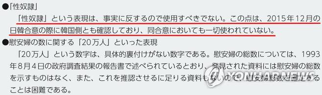 일본 외무성이 펴낸 2019년 외교청서의 일본군 위안부 문제에 관한 코너에 "'성노예'라는 표현은 사실에 반하므로 사용해서는 안 된다. 이런 점은 2015년 12월 일한 합의 때 한국 측도 확인했으며 동 합의에서도 일절 사용되지 않았다"고 기록(붉은 밑줄)돼 있다.[일본 외무성 제공 외교청서 캡처, 재판매 및 DB 금지]