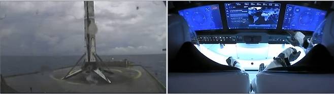 발사 9분30초 후 대서양 해상 바지선으로 팰컨9 1단계 추진체. 오른쪽은 우주선 내부 모습. 웹방송 갈무리