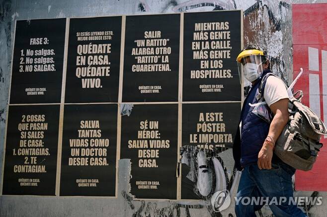 외출 자제 포스터가 붙은 멕시코시티 거리를 지나는 시민 [AFP=연합뉴스]