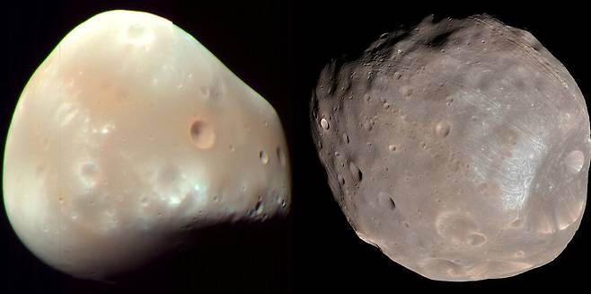 화성정찰위성이 찍은 데이모스(왼쪽 사진)와 포보스의 모습. 미국항공우주국(NASA) 제공