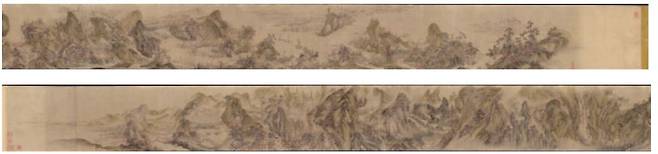 한번에 펼쳐보이기도 힘든 이인문의 ‘강산무진도’. 좌우를 잘라 나눠보았다. 이인문은 2m짜리 비단을 5폭 이어붙여 이 대작을 완성했다. |국립중앙박물관 제공