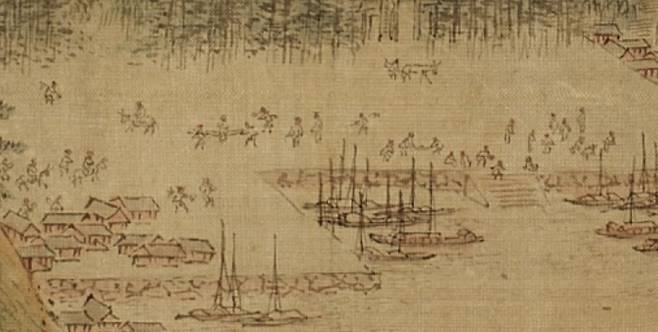 ‘강산무진도’에 등장하는 강변 포구마을의 풍경. 물자를 쉼없이 운반하고 있다.|국립중앙박물관 제공