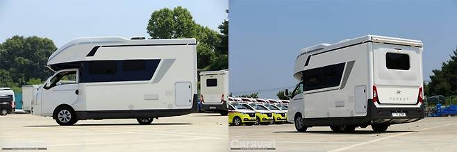 후면부 하단에 대형 수납공간이 마련되었고 후륜을 감싸고 있는 하단부 스커트가 사선으로 제작되어 있다