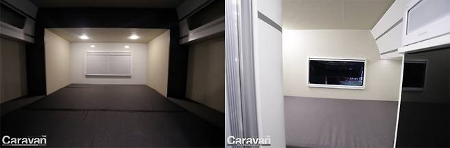 후면부의 취침공간, 스마트 룸을 최대로 확장했을 때의 모습 / 스탠다드 모델의 베드는 디럭스 모델의 절반 사이즈에 해당한다