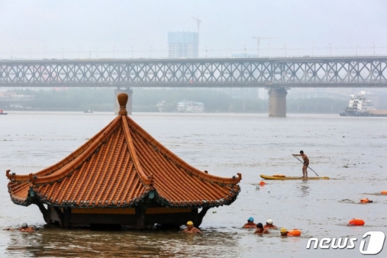 (우한 AFP=뉴스1) 우동명 기자 = 8일(현지시간) 중국 후베이성 우한의 양쯔강이 홍수로 범람하면서 물에 잠긴 정자 곁을 헤엄치고 있다.  ⓒ AFP=뉴스1  <저작권자 ⓒ 뉴스1코리아, 무단전재 및 재배포 금지>