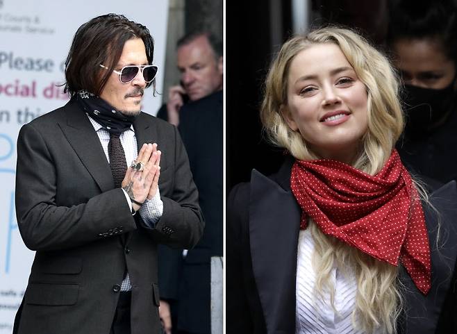 영국 현지 시간으로 15일 런던에서 열린 재판에 참석한 할리우드 배우 조니 뎁(왼쪽)과 엠버 허드(오른쪽). 사진=AP 연합뉴스