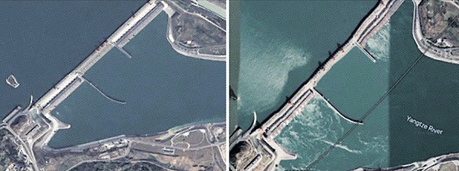 구글 어스가 제공한 중국 후베이성 싼샤댐의 과거와 현재 모습. 왼쪽은 완공 직후인 2009년, 오른쪽은 최근 사진이다. 댐 구조가 상당히 뒤틀린 것처럼 보여 논란이 됐다.트위터 캡처