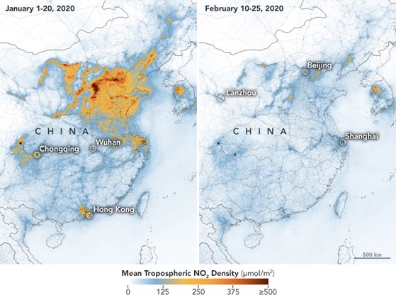 미 항공우주국(NASA)이 분석한 중국의 이산화질소 오염도. 왼쪽은 지난 1월 1~20일, 오른쪽은 코로나19로 봉쇄가 진행된 2월 10~25일 상황. 오른쪽을 보면 일부 대도시를 제외하고는 대기오염이 크게 줄어든 것을 볼 수 있다. 자료:NASA