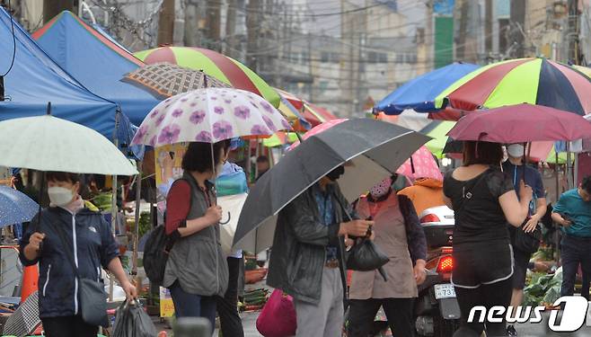 전국에 장맛비가 내리고 있는 28일 오전 경북 포항시 북구 죽도시장에서 시민들이 우산을 쓰고 장을 보고 있다. 2020.7.28/뉴스1 © News1 최창호 기자