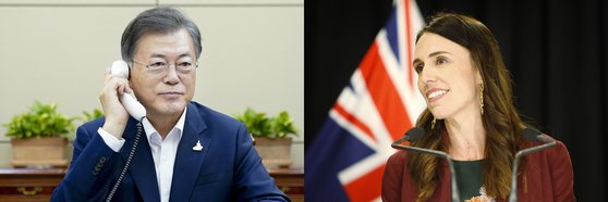 문재인 대통령(왼쪽)이 지난달 28일 오후 청와대 여민관에서 저신다 아던 뉴질랜드 총리(오른쪽)와 전화 통화하고 있다. [연합뉴스]