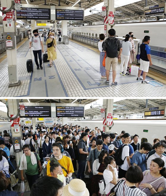 연휴가 시작된 8일 오전 일본 도쿄역 신칸센 플랫폼이 한산한 모습(위)을 보였다. 아래 사진은 지난해 오봉 연휴 첫날 모습. 코로나19 확산 우려로 인해 여행이나 고향 방문을 포기한 이들이 늘어난 영향으로 보인다. [연합뉴스]