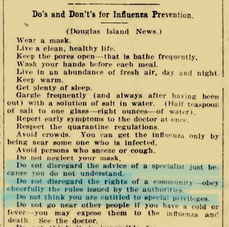 온라인을 통해 공유된 1918년 당시 스페인 독감 예방법. 사진=@TalyaVarga 트위터