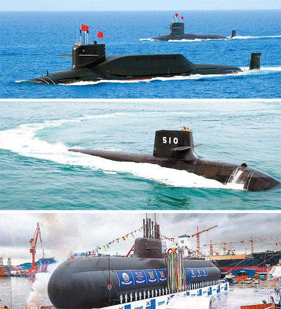 한국의 주변국가인 일본과 중국은 잠수함에 신경을 많이 쓰고 있다. 위부터 중국의 전략 핵잠인 진급 잠수함, 디젤식 잠수함 중 세계에서 가장 큰 일본의 소류급 잠수함, 한국의 3000t급 잠수함인 도산안창호함. [중앙포토]