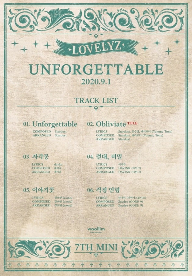 그룹 러블리즈(Lovelyz)의 미니 7집 'UNFORGETTABLE' 트랙리스트. /사진제공=울림엔터테인먼트