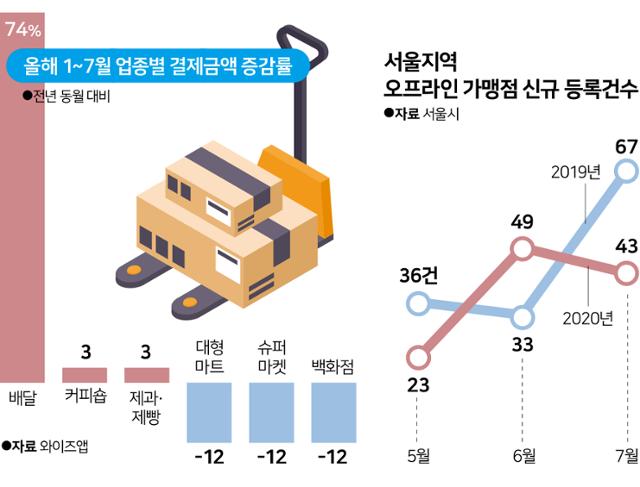올해 1~7월 업종별 결제금액 증감률과 서울 지역 가맹점 등록 건수 추이.
