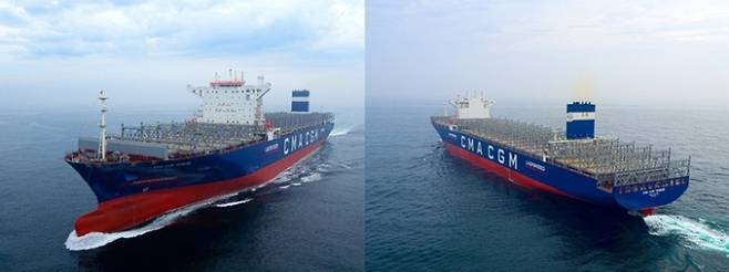 ▲현대삼호중공업이 세계 최초로 건조한 LNG추진 초대형 컨테이너선의 시운전 모습.(사진=현대중공업그룹 제공)